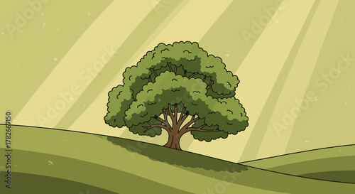 Stylized cartoon illustration featuring a solitary tree on rolling hills