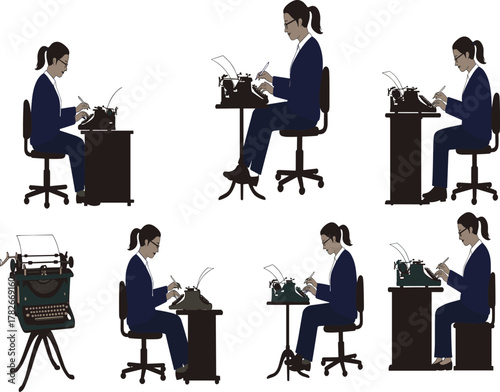 PrinWoman typing on vintage typewriter, office work illustration, retro secretary concept, professional writer, classic business scene, workplace productivity, creative typing artt