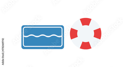 Minimalist blue swimming pool icon and a red and white lifebuoy symbol for water safety.