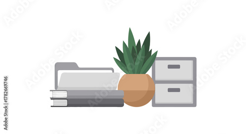 Minimalist flat design office essentials grey books file folder green potted plant twodrawer cabinet.