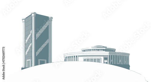 Modern Architectural Illustration of a Tall Glass Building and Round Structure.