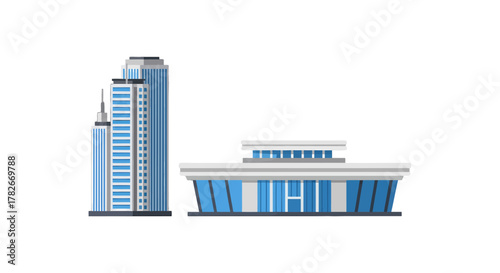 Modern city architecture with blue skyscrapers and a wide public building flat vector design.