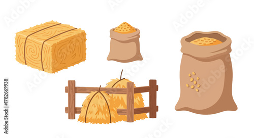 Rectangular Hay Bale with Brown Twine Farm Harvest Illustration.