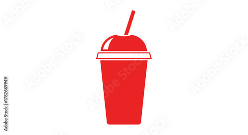 Red Disposable Cup with Dome Lid and Straw Icon.