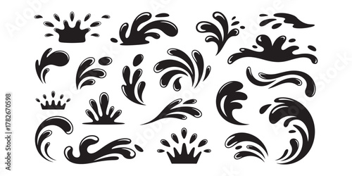 Dynamic collection of stylized water splash elements for creative projects and designs seeking a fluid, modern feel, perfect for adding movement
