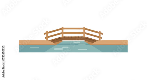 Simple Wooden Arch Bridge Spanning a Calm Blue Waterway.