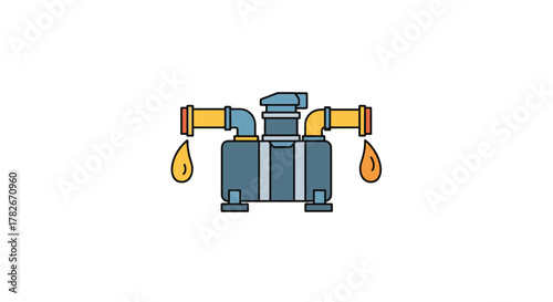 Stylized industrial fluid pump with a blue tank and two yellow pipes dripping liquid.