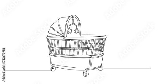 Baby crib on wheels with canopy in simple line drawing style  