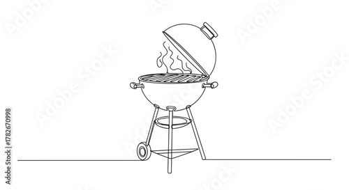 Grill with smoke emitting from charcoal in minimalistic line art  