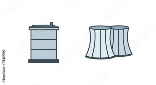 Two CartoonStyle Cooling Towers with Light Blue and Dark Outlines.