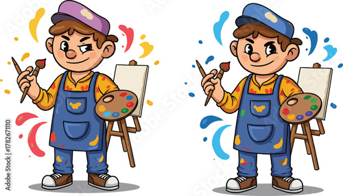 Cartoon young painter holding brush and palette, standing beside blank canvas, colorful creative artist character illustration design
