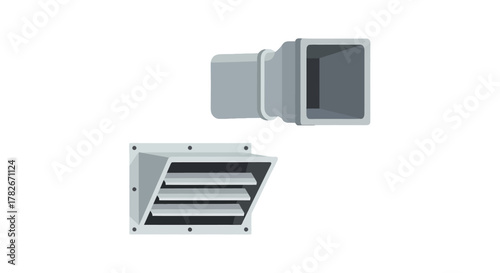 Two Gray Ventilation Grilles with Horizontal Slats and Duct.