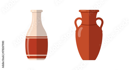 Two Stylized Ceramic Vases with Handles and Decorative Bands Isolated.