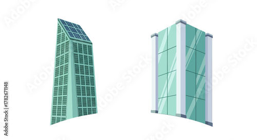 Two Modern Stylized Glass Skyscrapers One with EcoFriendly Solar Panels.