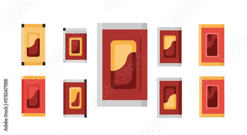 Vector Illustration of Various Rectangular Food Packets with Unique Designs.