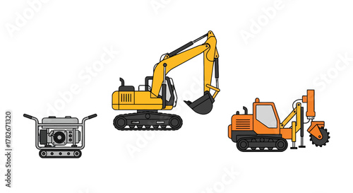 Yellow Excavator Orange Trencher and Gray Generator Set.