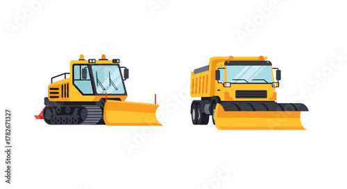 Yellow snowplow truck and tracked snowcat machinery set for winter road maintenance.