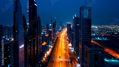 Aerial drone timelapse motion hyperlapse view of a night city. Light broad street among the sparkling skyscrapers. Fantastic city panorama at night time.