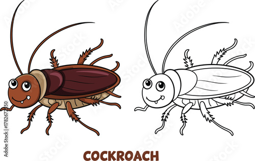 Cartoon cockroach character in colored and black-and-white versions for insect education, children’s activities, coloring pages, and entomology design projects