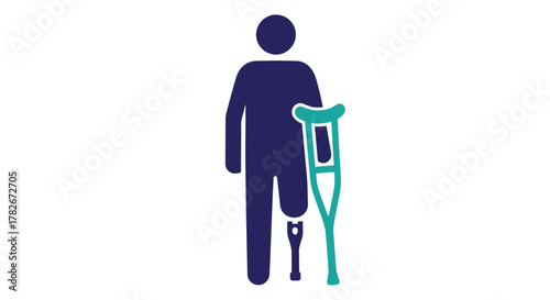A person with a prosthetic leg and crutches simple dark blue silhouette
