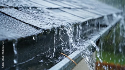 Heavy Rain Overflows Gutter - A close-up shot of a roof with dark shingles and a metal gutter, overflowing with rainwater.