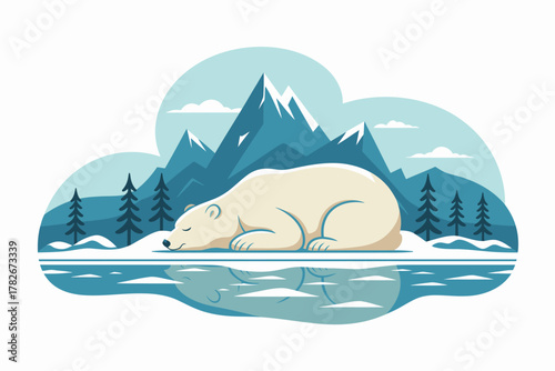 Peaceful polar bear rests on ice floe with snowy mountains in background