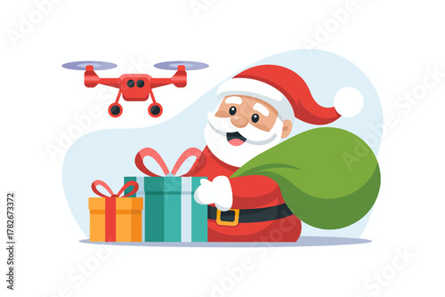 Santa Claus using a drone to deliver Christmas presents with a gift bag