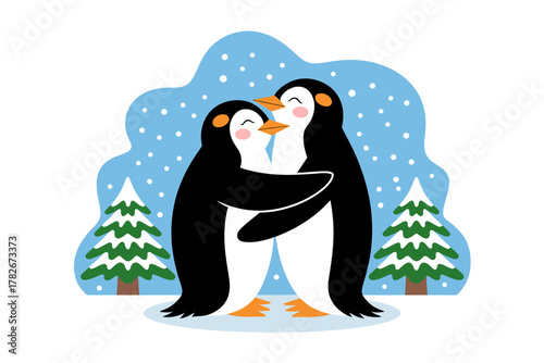 Two adorable penguins sharing a warm hug in a snowy winter landscape