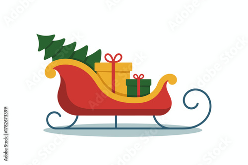 Festive red sleigh overflowing with Christmas presents and a fir tree, ready for holiday delivery.