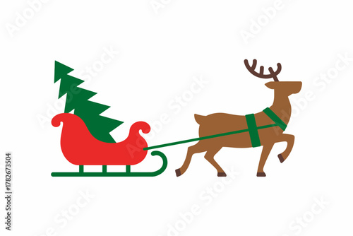 Festive reindeer pulling Santa's sleigh with a Christmas tree, ready for holiday delivery
