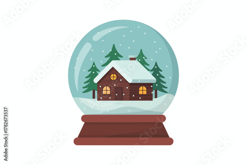 Charming winter scene inside a snow globe with a cozy cabin nestled among pine trees.