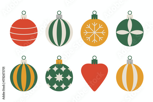 Festive assortment of colorful Christmas ornaments with classic patterns and shapes
