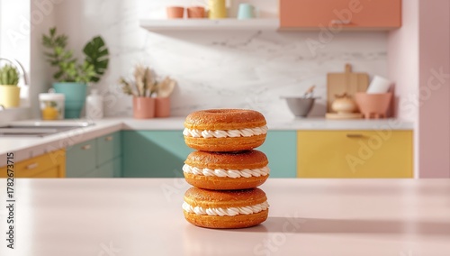 Stacked Doughnuts with Cream Filling in a Bright and Airy Kitchen Setting.