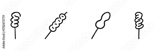 Skewered Food Line Icon Set In Doodle Style. Street Food, Snacks, And Barbecue Outline Sketch Collection. Hand Drawn Isolated Vector Illustration