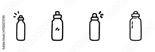 Water Bottle Line Icon Set In Doodle Style. Hydration, Fitness, And Eco-Friendly Lifestyle Outline Sketch Collection. Hand Drawn Isolated Vector Illustration