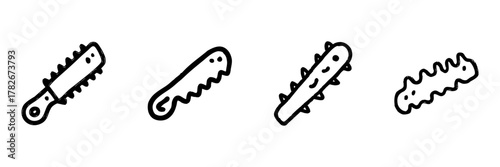 Spiked Club Line Icon Set In Doodle Style. Medieval Weaponry, Defense, And Combat Tools Outline Sketch Collection. Historical Warfare And Battle Equipment. Hand Drawn Isolated Vector Illustration
