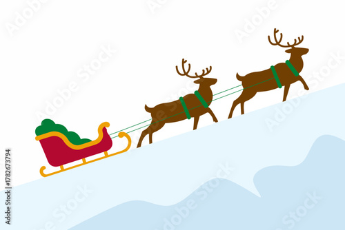 Two reindeer pull a festive sleigh up a snowy hill, evoking winter holiday magic.