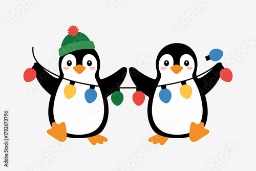 Two cute penguins playfully holding colorful Christmas lights, ready for holiday fun.