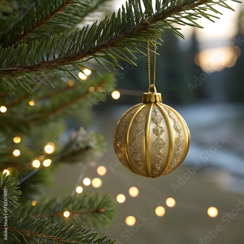 Golden Christmas Ornament Hanging on Pine Branch with Blurred Fairy Lights in Background