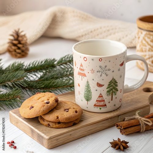 Cozy Christmas Ceramic Mug with Festive Print and Cookies beside Pine Branches
