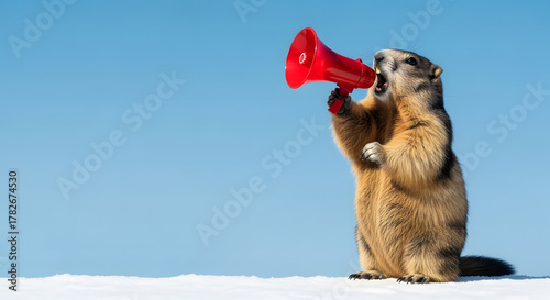 Groundhog standing upright holding a red megaphone announcing something