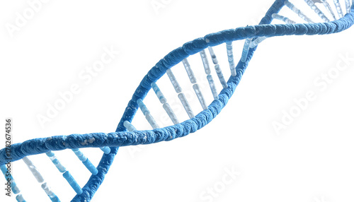 A close-up illustration of a blue, twisting DNA double helix strand against black