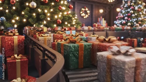 Festive Christmas Gift Conveyor - Close-up view of decorated Christmas presents moving along a conveyor belt. Festive Christmas trees illuminated by string lights are visible in the background.