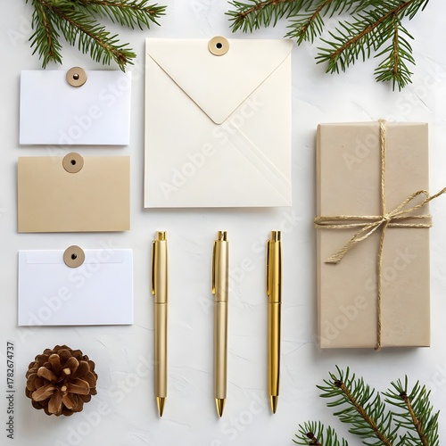 Elegant Blank Gift Tags, Envelopes, and Golden Pens for Christmas Branding on White Background
