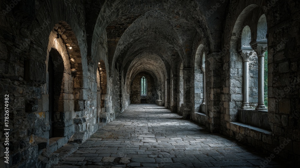 Naklejka premium Ancient stone architecture of a European monastery's interior shows light streaming through a series of arches in the dark corridor