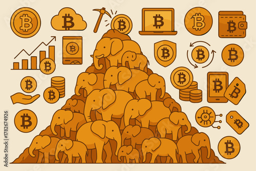 Bitcoin Mining Concept with Elephant Pyramid Illustration