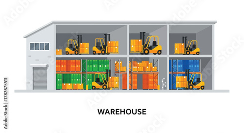 Inside a large warehouse full of stacked goods and forklifts
