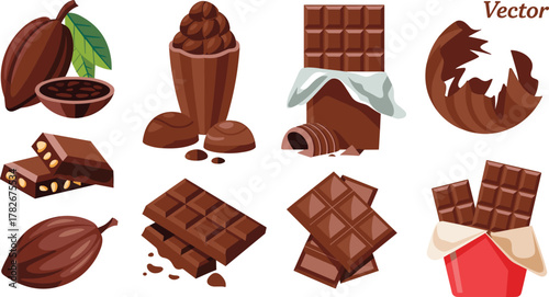 Chocolate and Cocoa Vector Set Featuring Bars, Truffles, Pods, Nuts, and Desserts for Confectionery, Food Design, Packaging, and Illustration