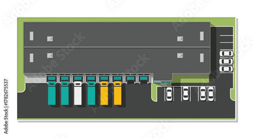 Overhead view of a warehouse facility with loading docks and parking