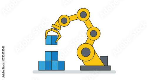 A yellow robotic arm carefully lifting and stacking blue building blocks